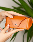 Leather glasses case, tan, lifestyle