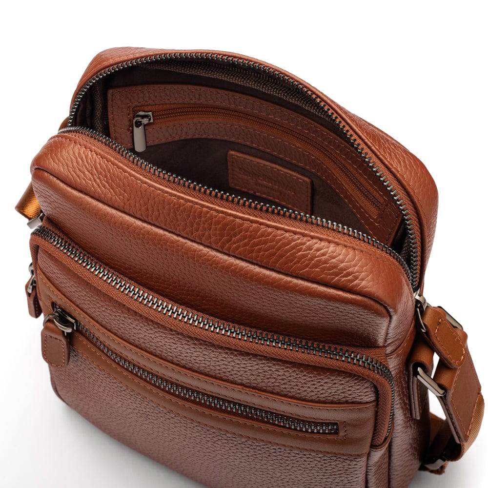 Leather messenger bag with zip, tan, inside