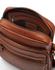 Leather messenger bag with zip, tan, inside