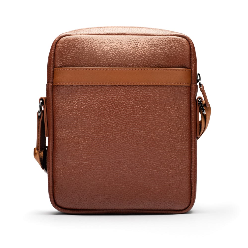 Leather messenger bag with zip, tan, back