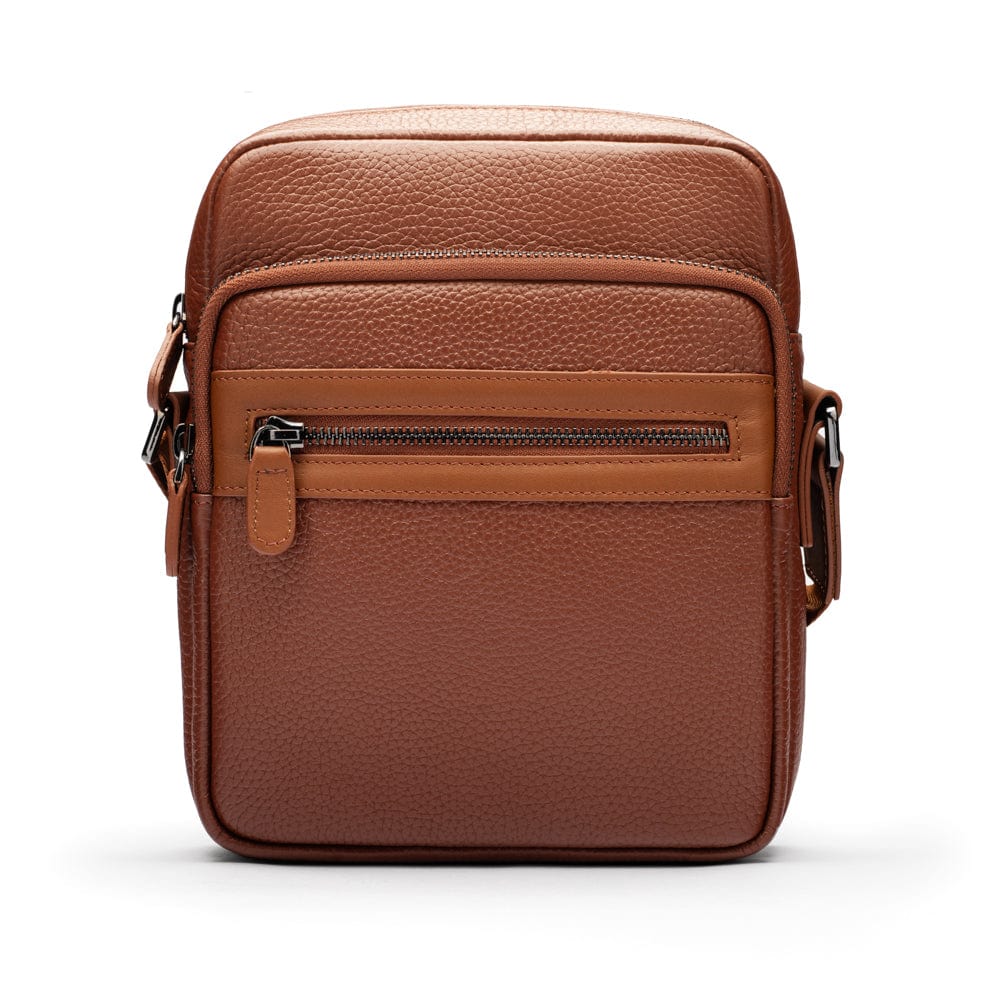 Leather messenger bag with zip, tan, front