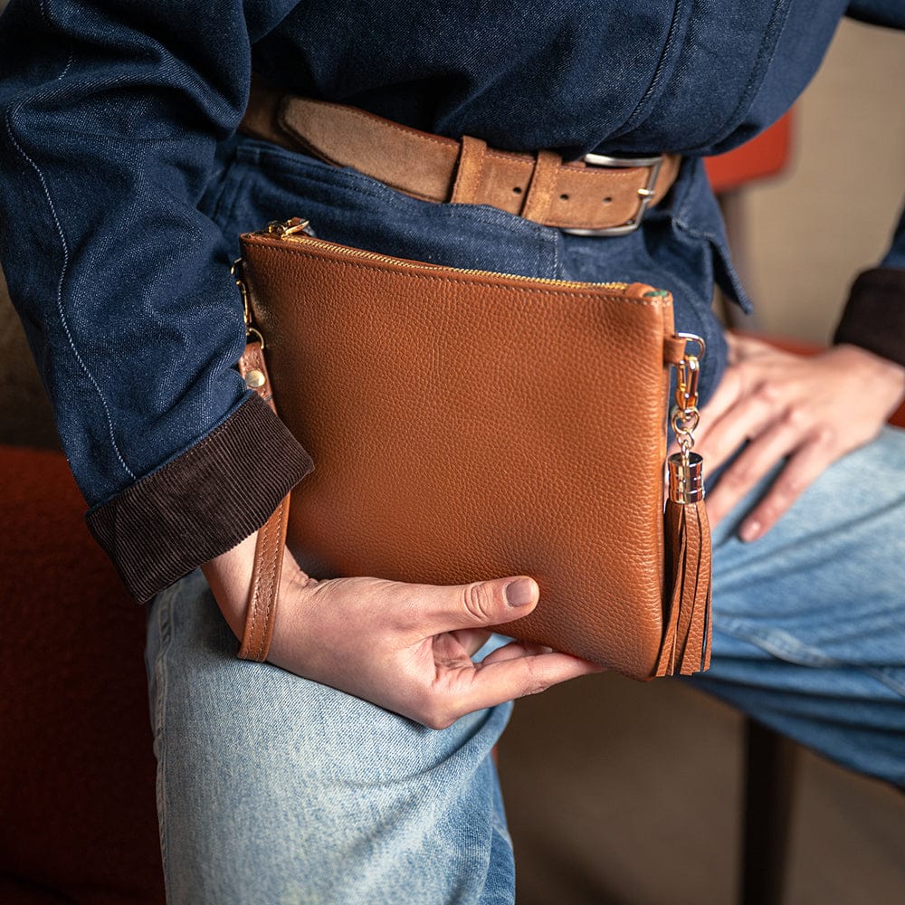 Leather cross body bag with chain strap, tan, clutch bag
