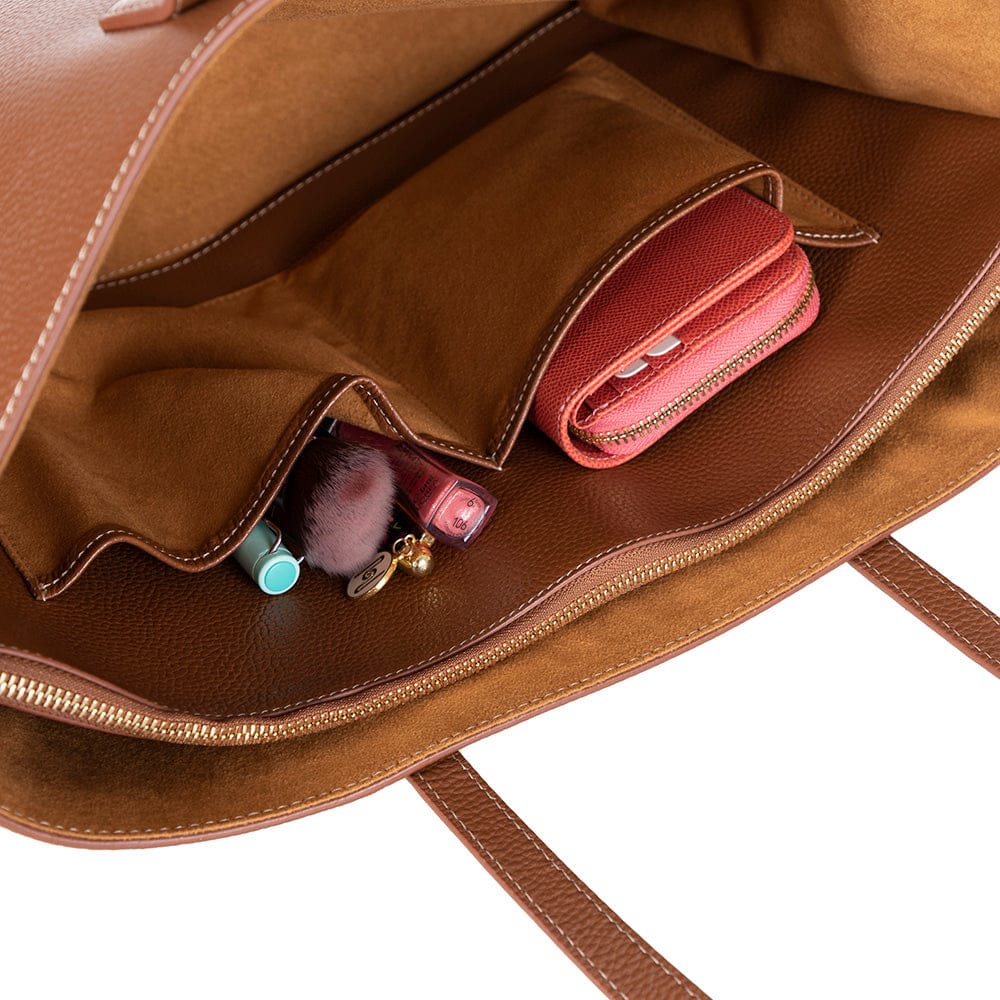 Leather tote bag, tan, open view