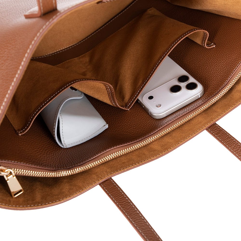 Leather tote bag, tan, open