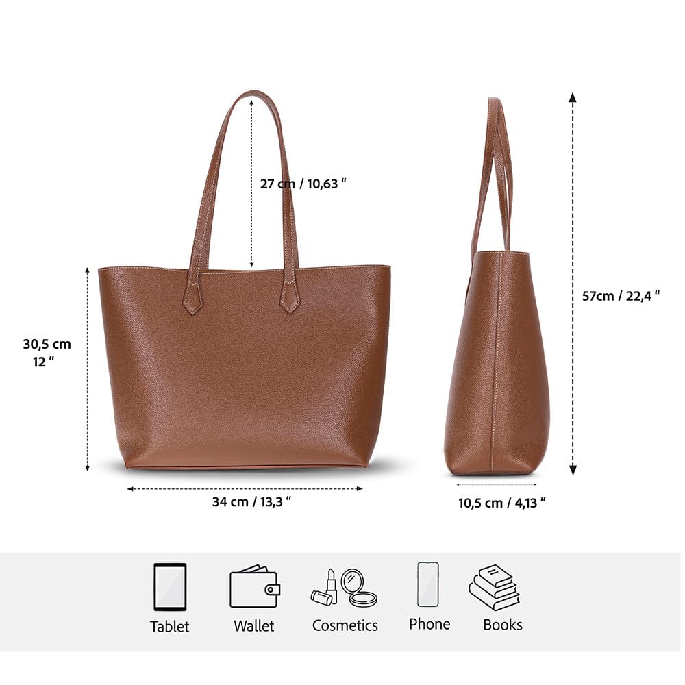 Leather tote bag, tan, features and dimensions