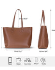 Leather tote bag, tan, features and dimensions