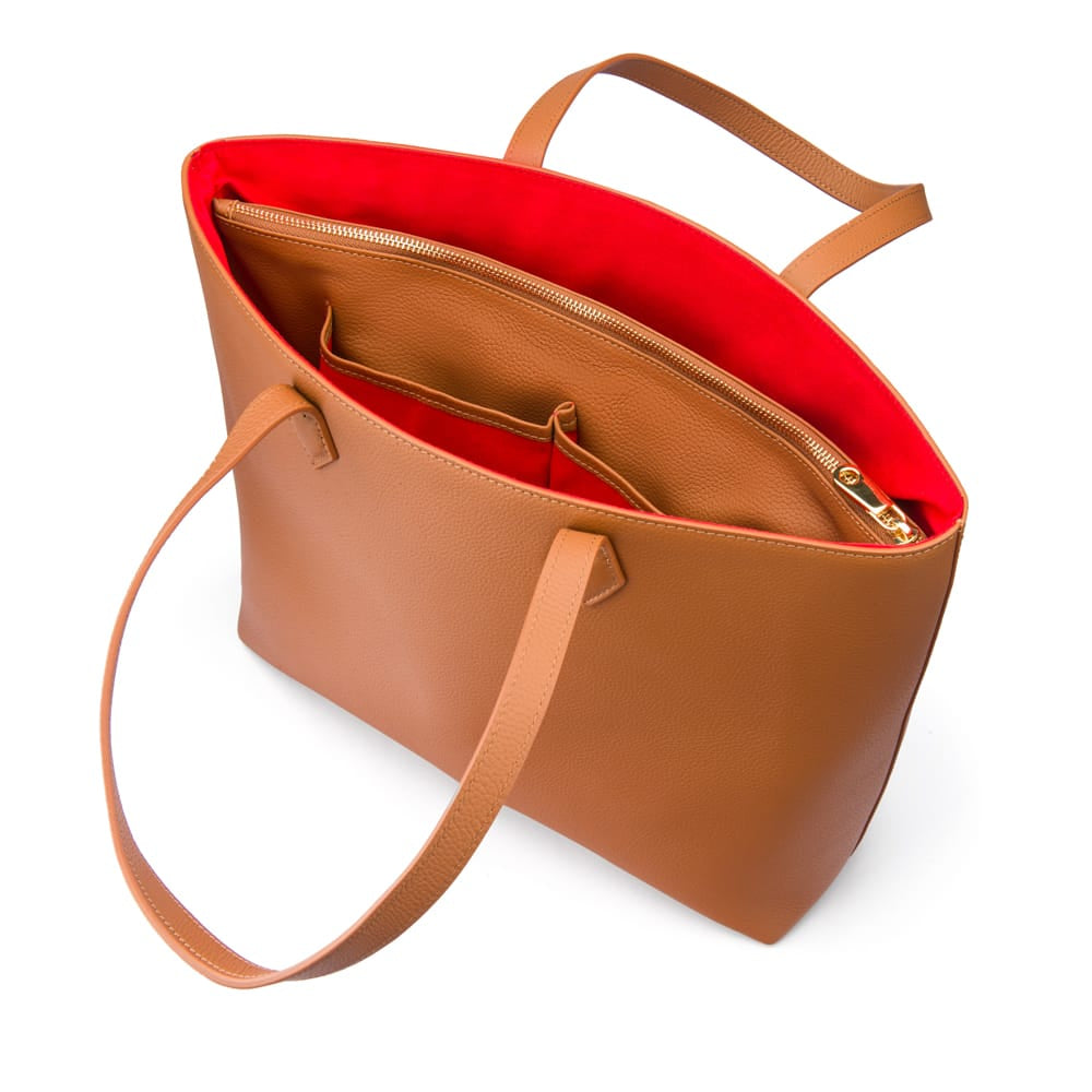 Luxury Leather Tote Bag and Shopper, Tan, open