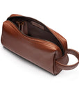 Luxury leather wash bag, tan, open