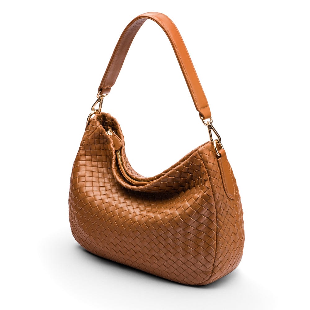 Melissa slouchy leather woven bag with zip closure, tan, side