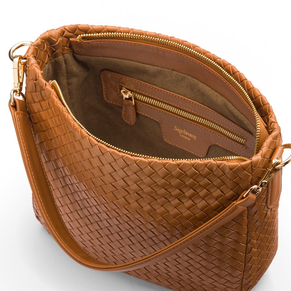 Melissa slouchy leather woven bag with zip closure, tan, inside