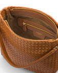 Melissa slouchy leather woven bag with zip closure, tan, inside