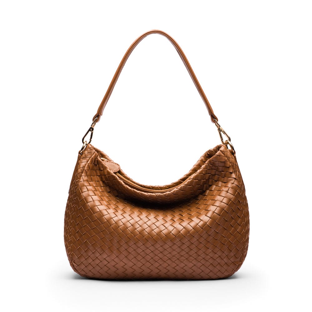 Melissa slouchy leather woven bag with zip closure, tan, front