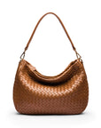 Melissa slouchy leather woven bag with zip closure, tan, front