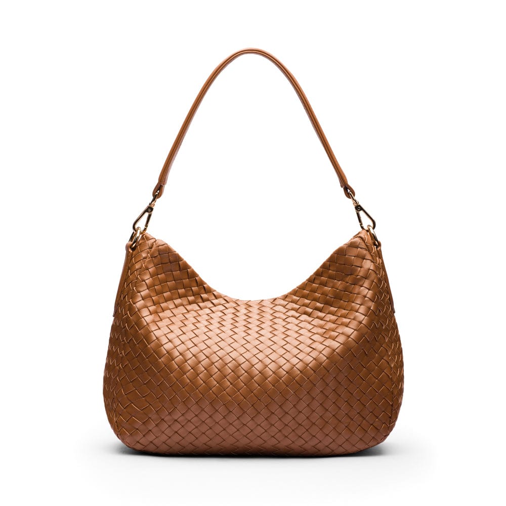 Melissa slouchy leather woven bag with zip closure, tan, back
