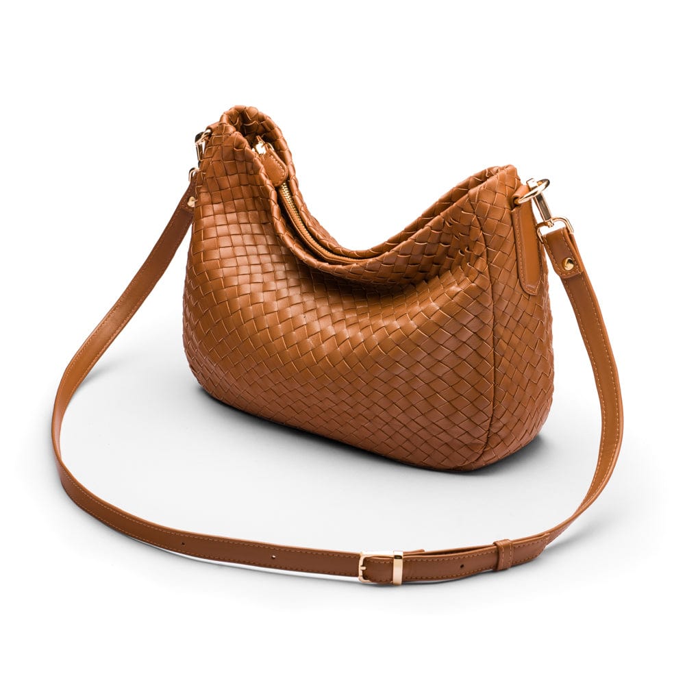 Melissa slouchy leather woven bag with zip closure, tan, with long strap