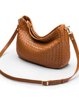 Melissa slouchy leather woven bag with zip closure, tan, with long strap