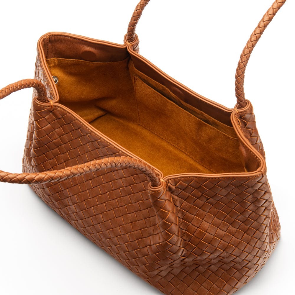 Midi woven leather bag, tan, open