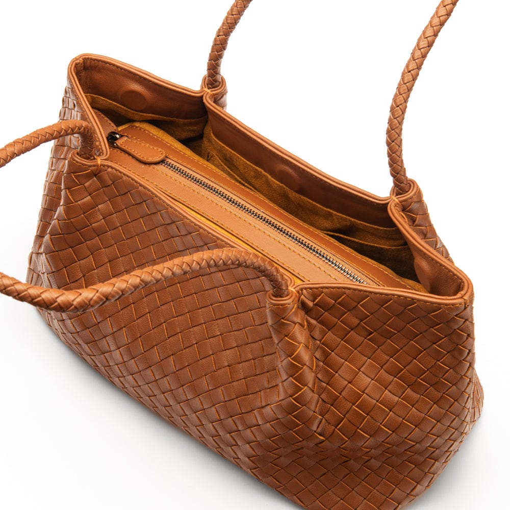 Midi woven leather bag, tan, inside