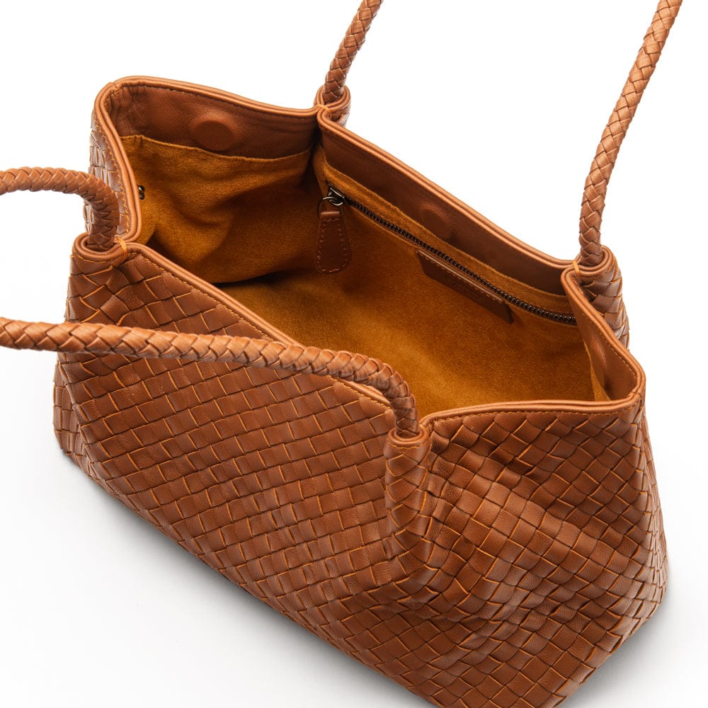 Midi woven leather bag, tan, open view