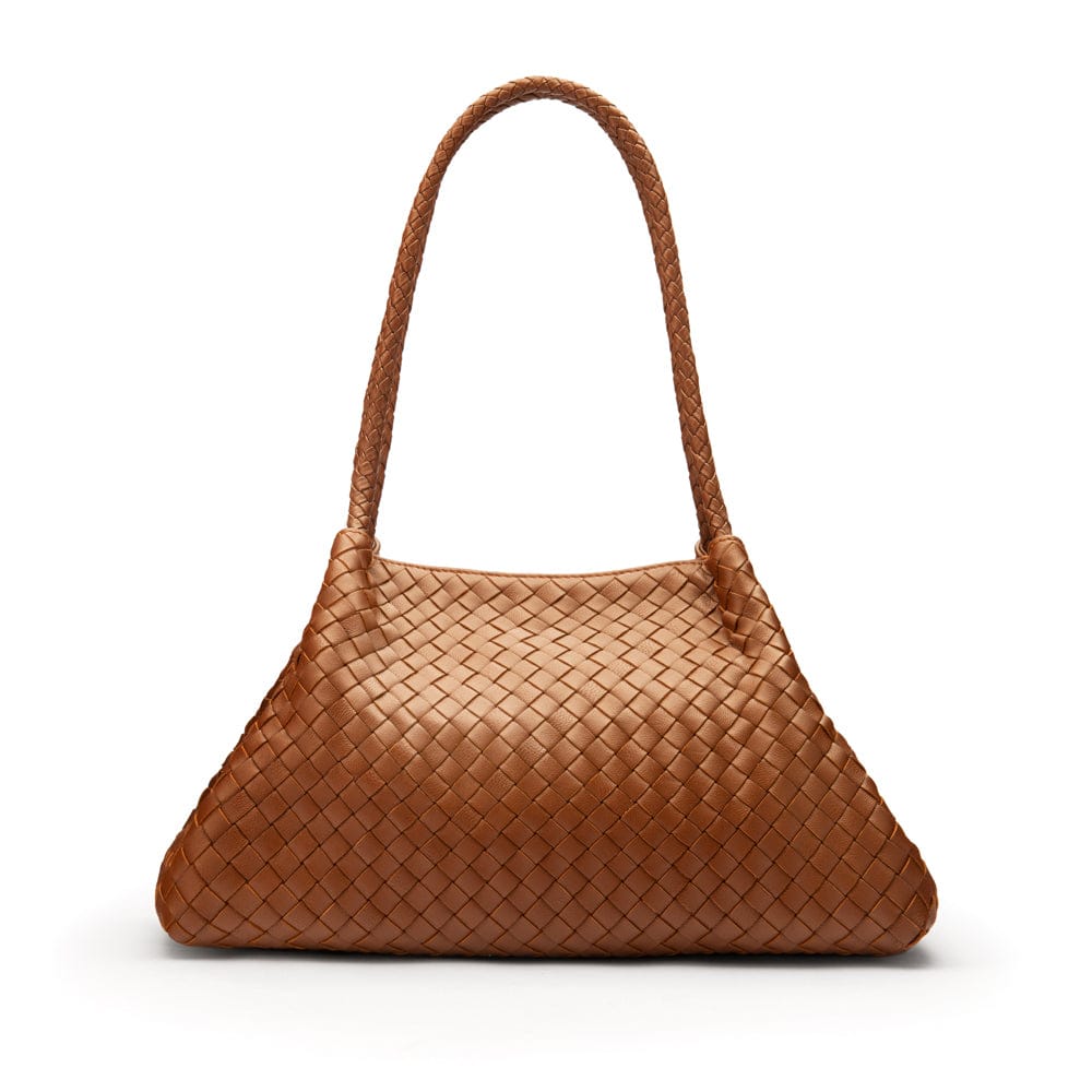 Midi woven leather bag, trapeze shape