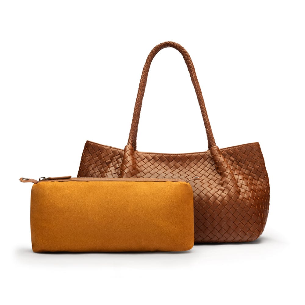 Midi woven leather bag, tan, inner bag