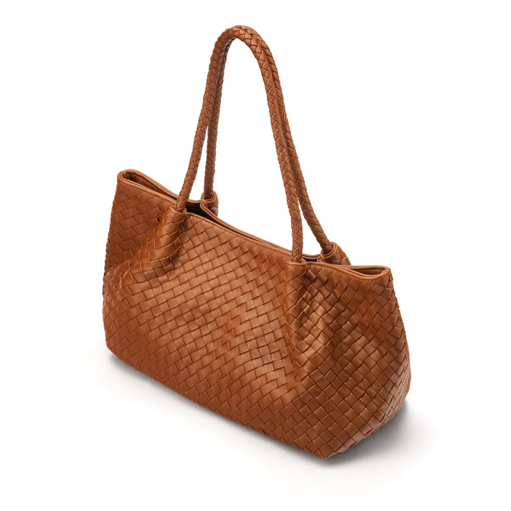 Midi woven leather bag, tan, side