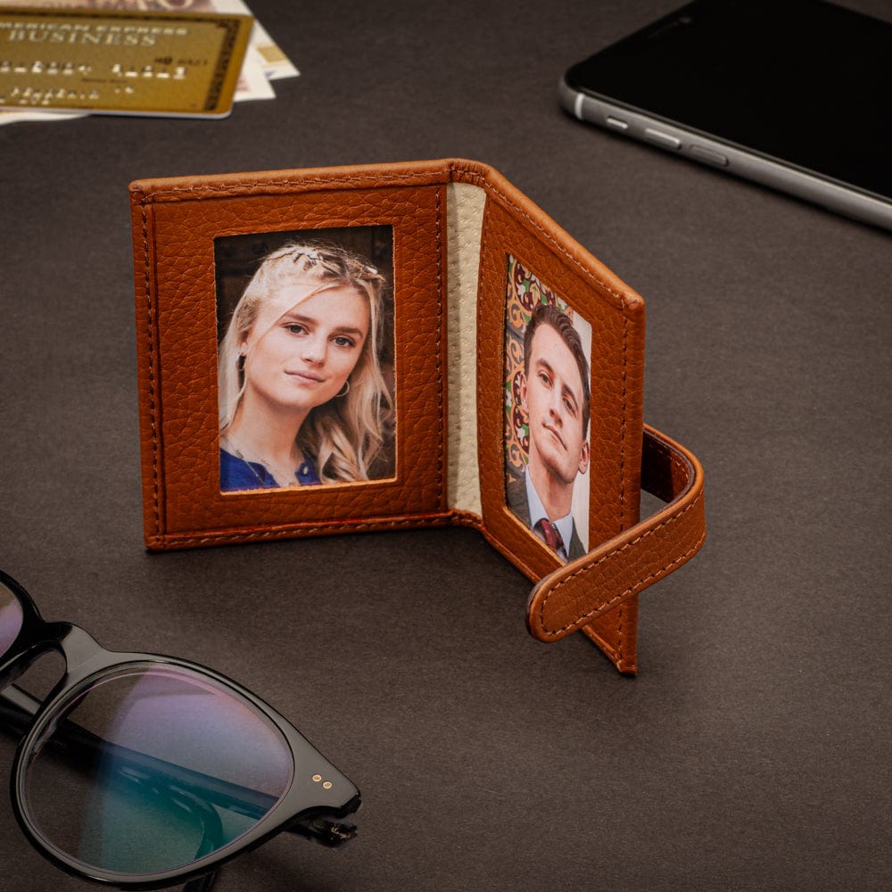 Mini leather passport photo frame, tan 60 x 40mm, lifestyle