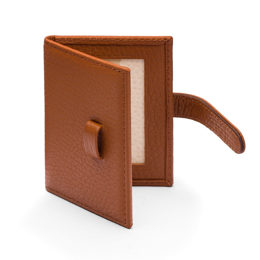 Mini leather passport photo frame, tan 60 x 40mm, open