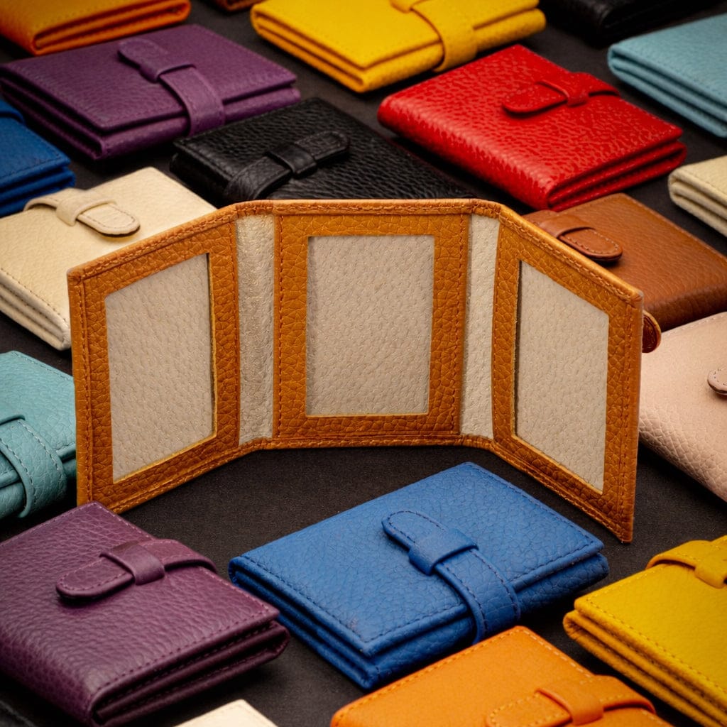 Mini leather trifold photo frame, tan, 60 x 40mm, lifestyle view