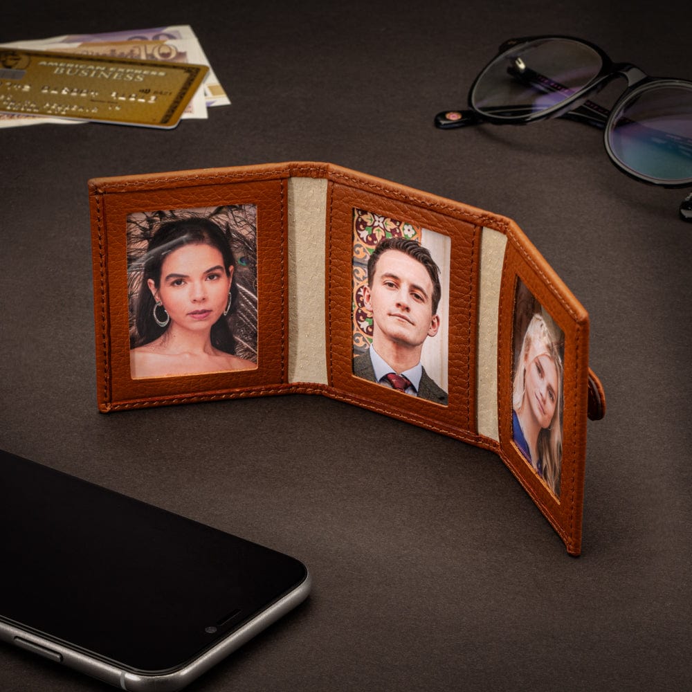 Mini leather trifold photo frame, tan, 60 x 40mm, lifestyle