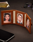 Mini leather trifold photo frame, tan, 60 x 40mm, lifestyle