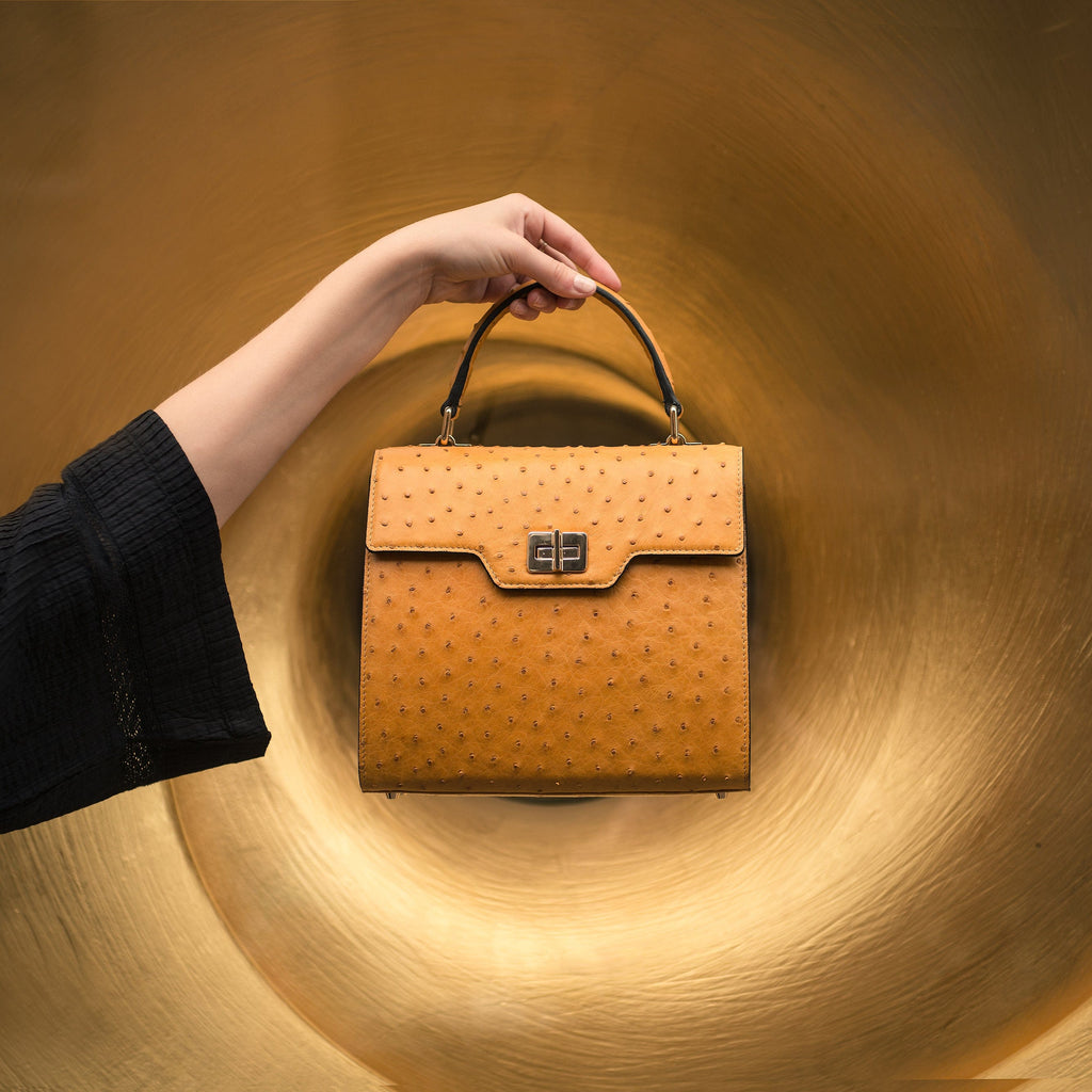 Mini Ostrich Leather Morgan Bag, Tan | Top Handle Bag | SageBrown