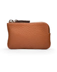 Miniature leather coin purse with key chain, tan, front