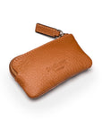 Miniature leather coin purse with key chain, tan, back