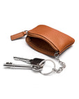 Miniature leather coin purse with key chain, tan, inside