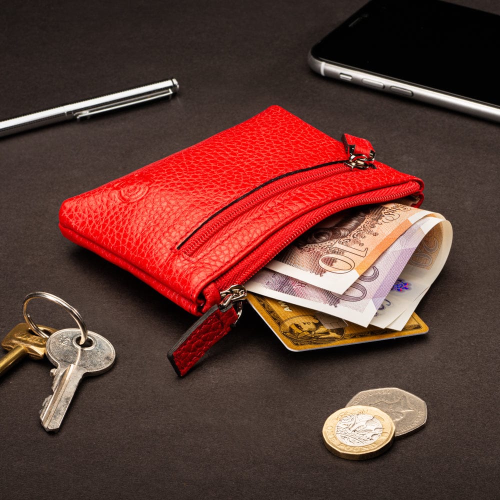 RFID Small leather zip coin pouch, red pebble grain, lifestyle