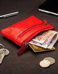 RFID Small leather zip coin pouch, red pebble grain, lifestyle