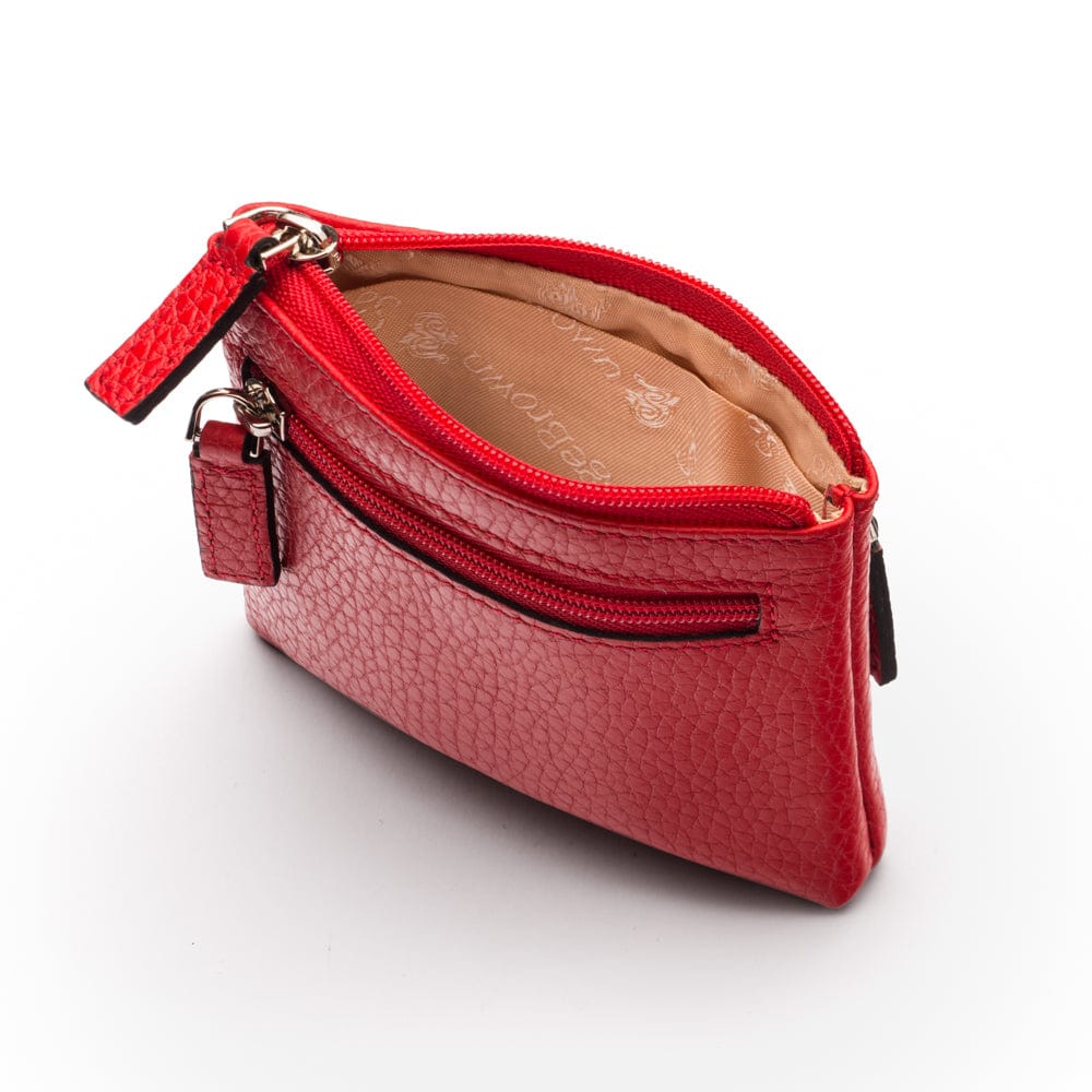 RFID Small leather zip coin pouch, red pebble grain, inside