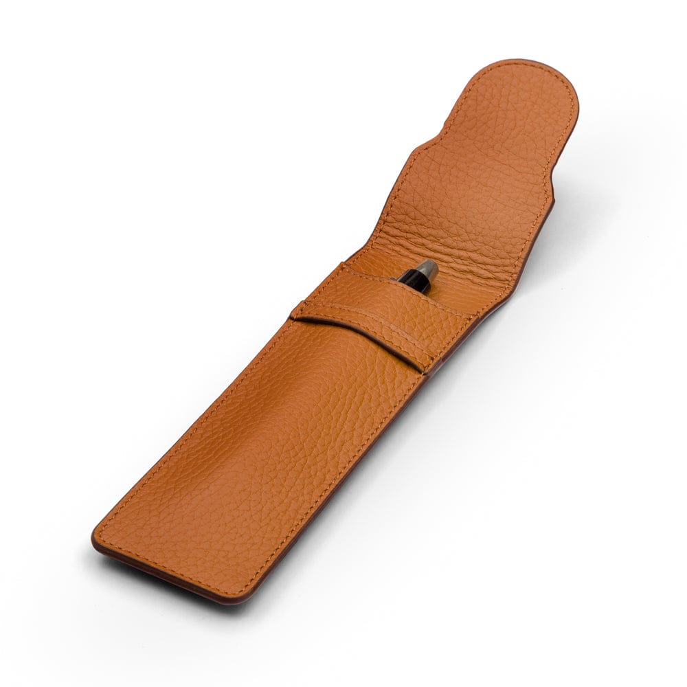 Single leather pen case, tan pebble grain, open
