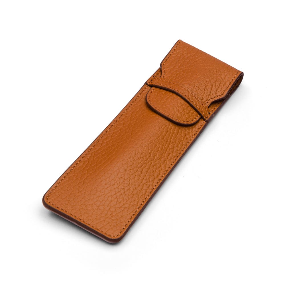 Single leather pen case, tan pebble grain, front