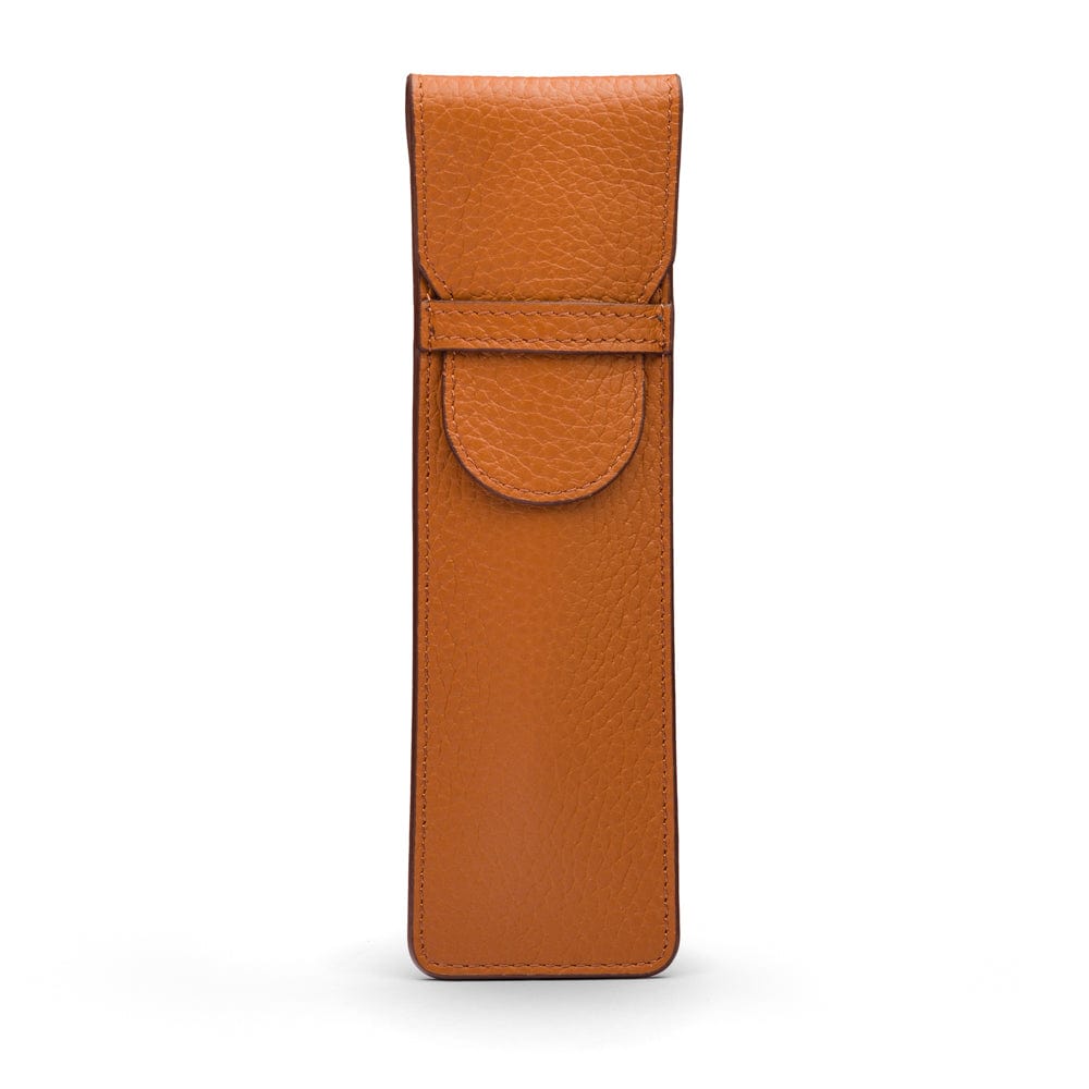 Single leather pen case, tan pebble grain, front view