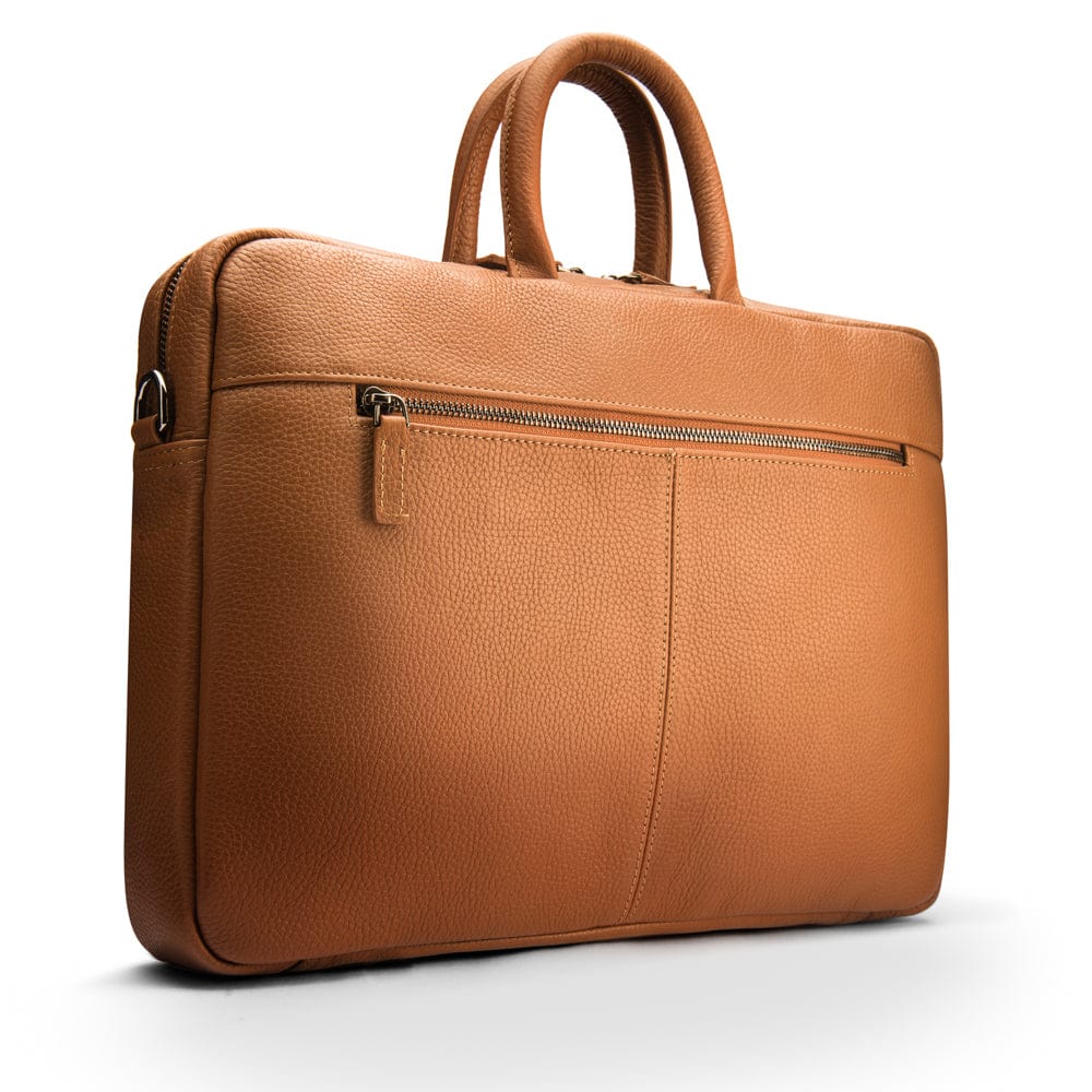 17" slim leather laptop bag, tan, front