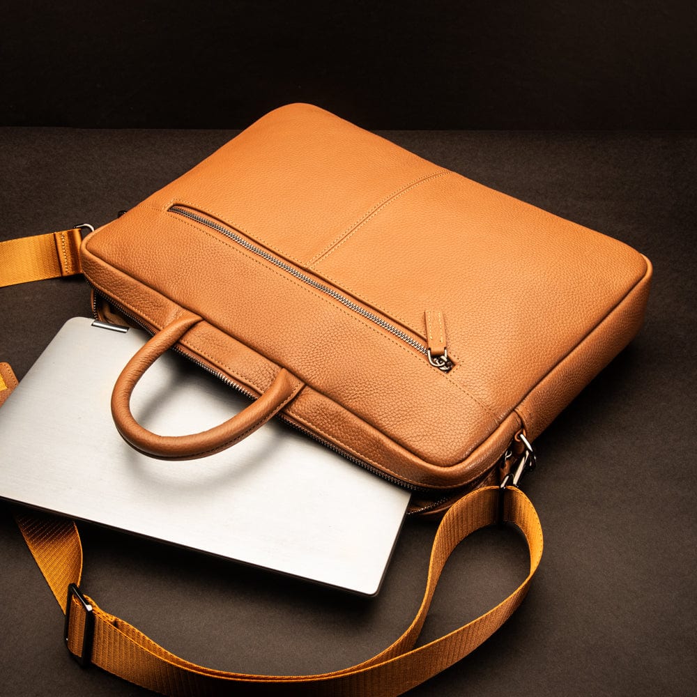 17" slim leather laptop bag, tan, lifestyle