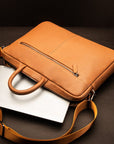 17" slim leather laptop bag, tan, lifestyle