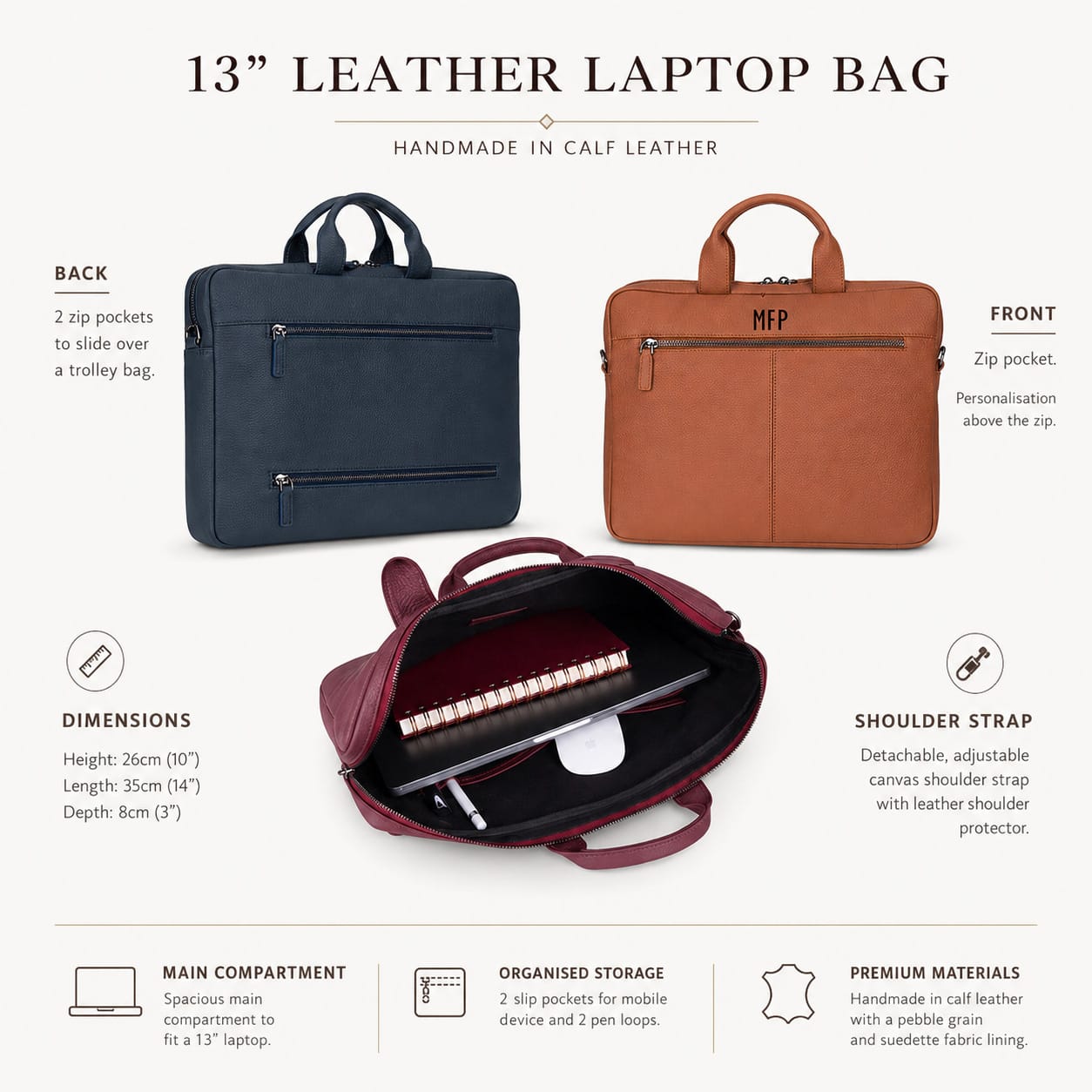 Slim Leather Laptop Bag for 13-inch Laptops, features and dimensions