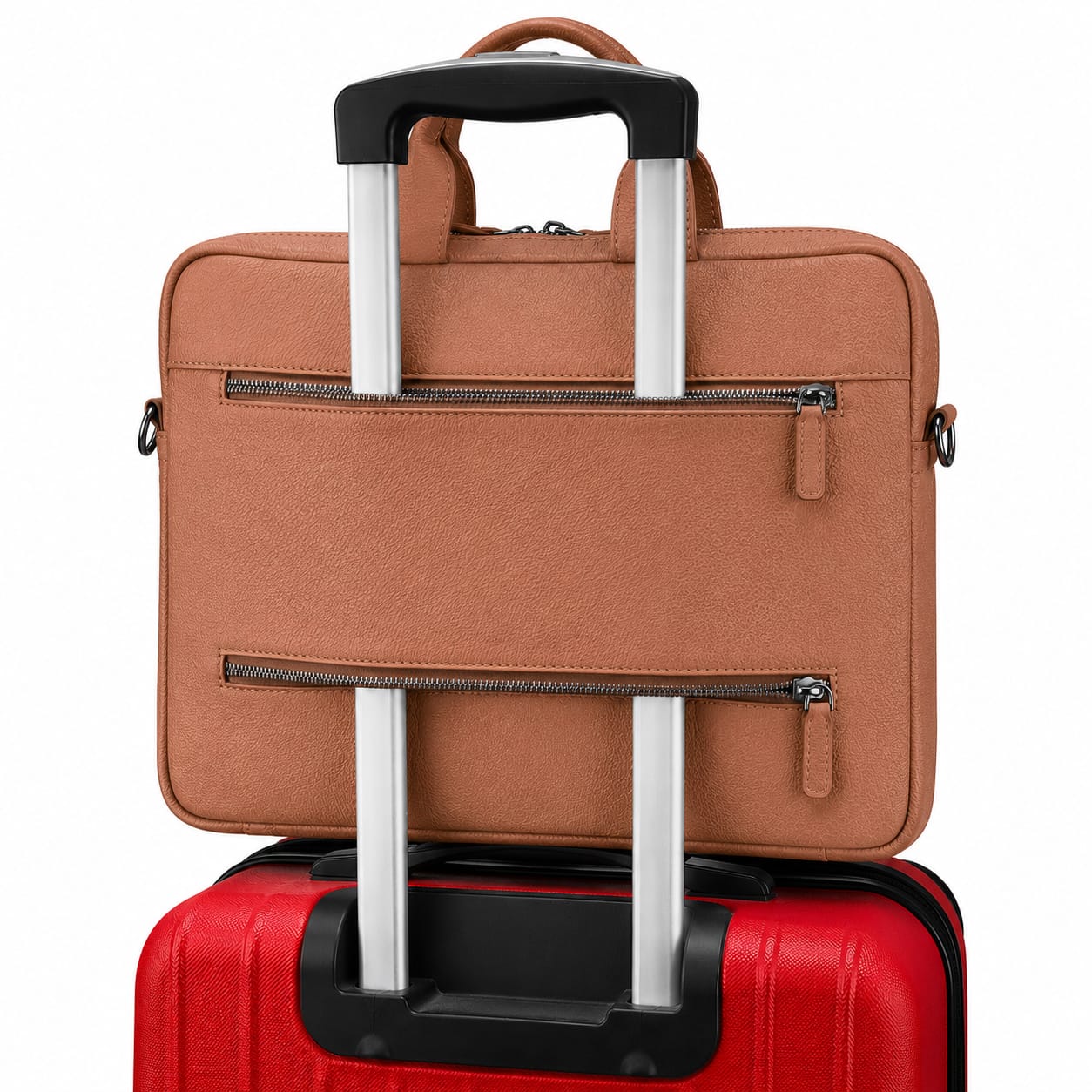 Slim Leather Laptop Bag for 13-inch Laptops, Tan, on a trolley bag