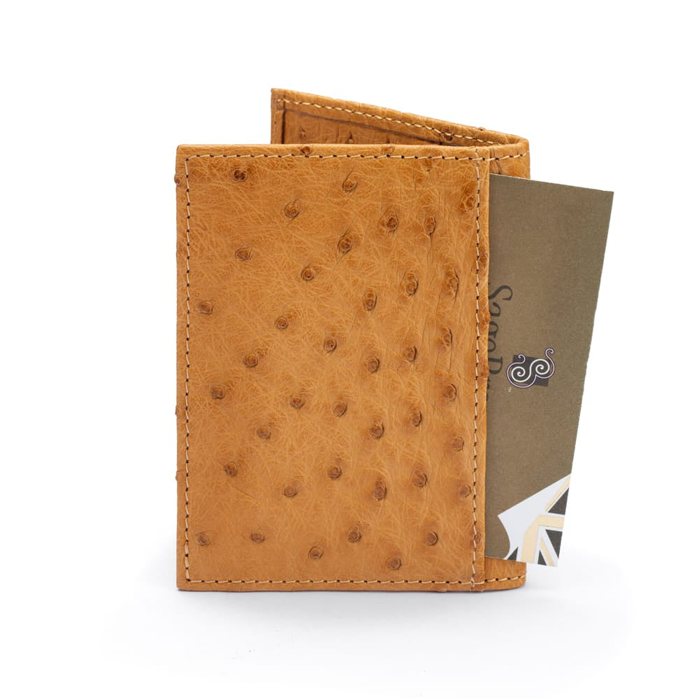 Slim Real Ostrich Leather Bifold Card Wallet with RFID, tan, back