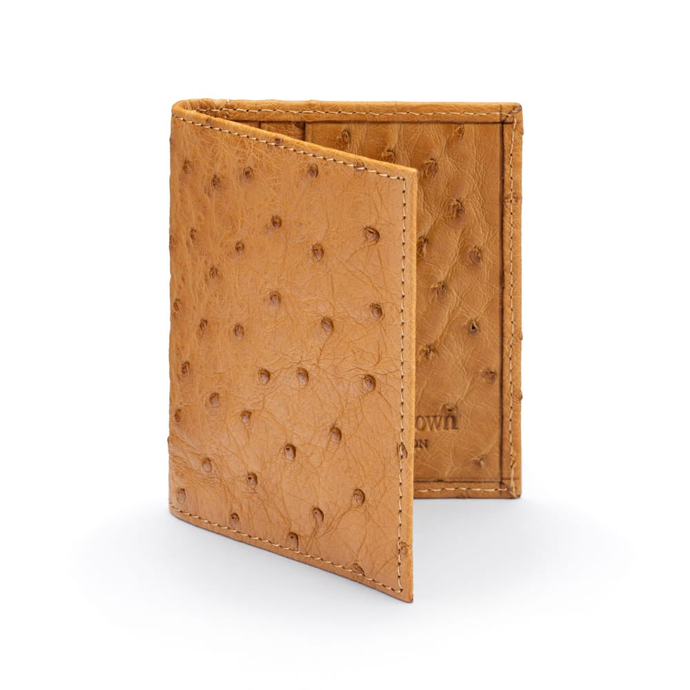 Slim Real Ostrich Leather Bifold Card Wallet with RFID, tan, front