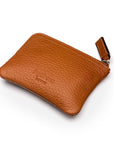 Small leather coin purse with key chain, tan, back