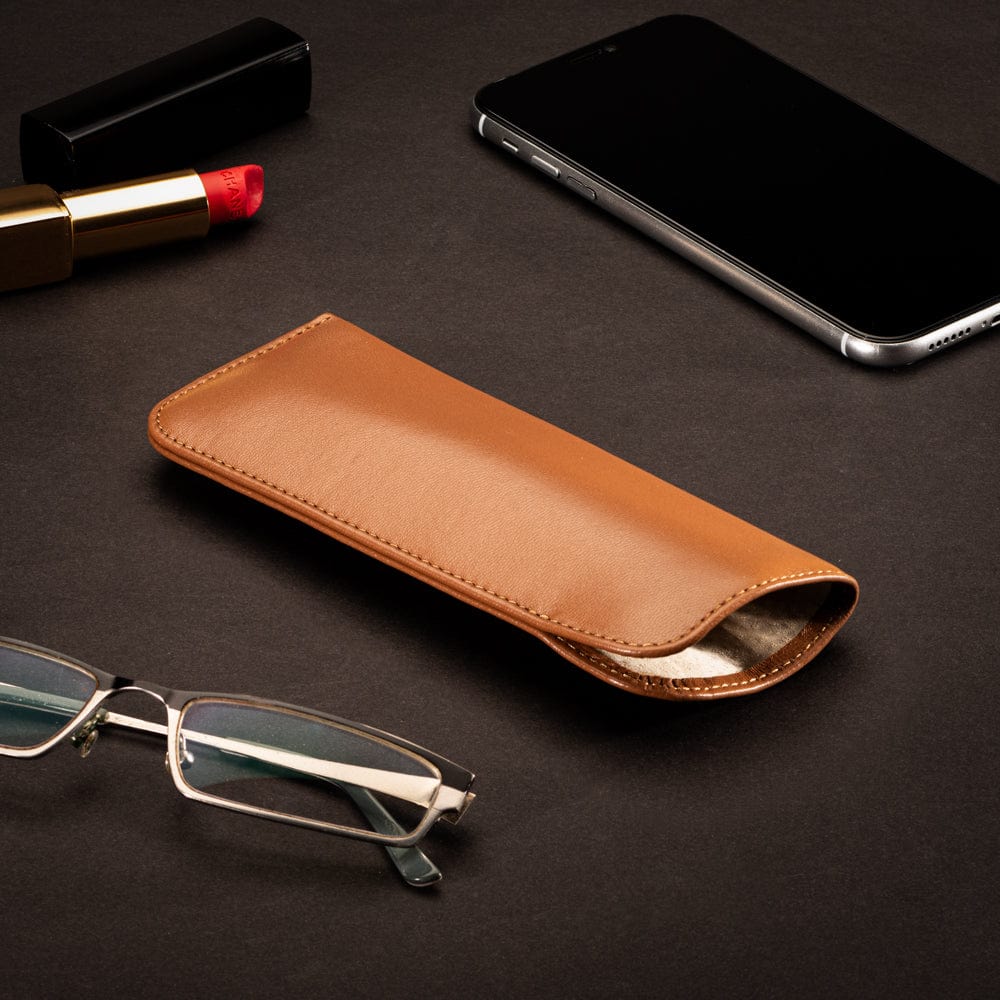 Small leather glasses case, soft tan, lifestyle